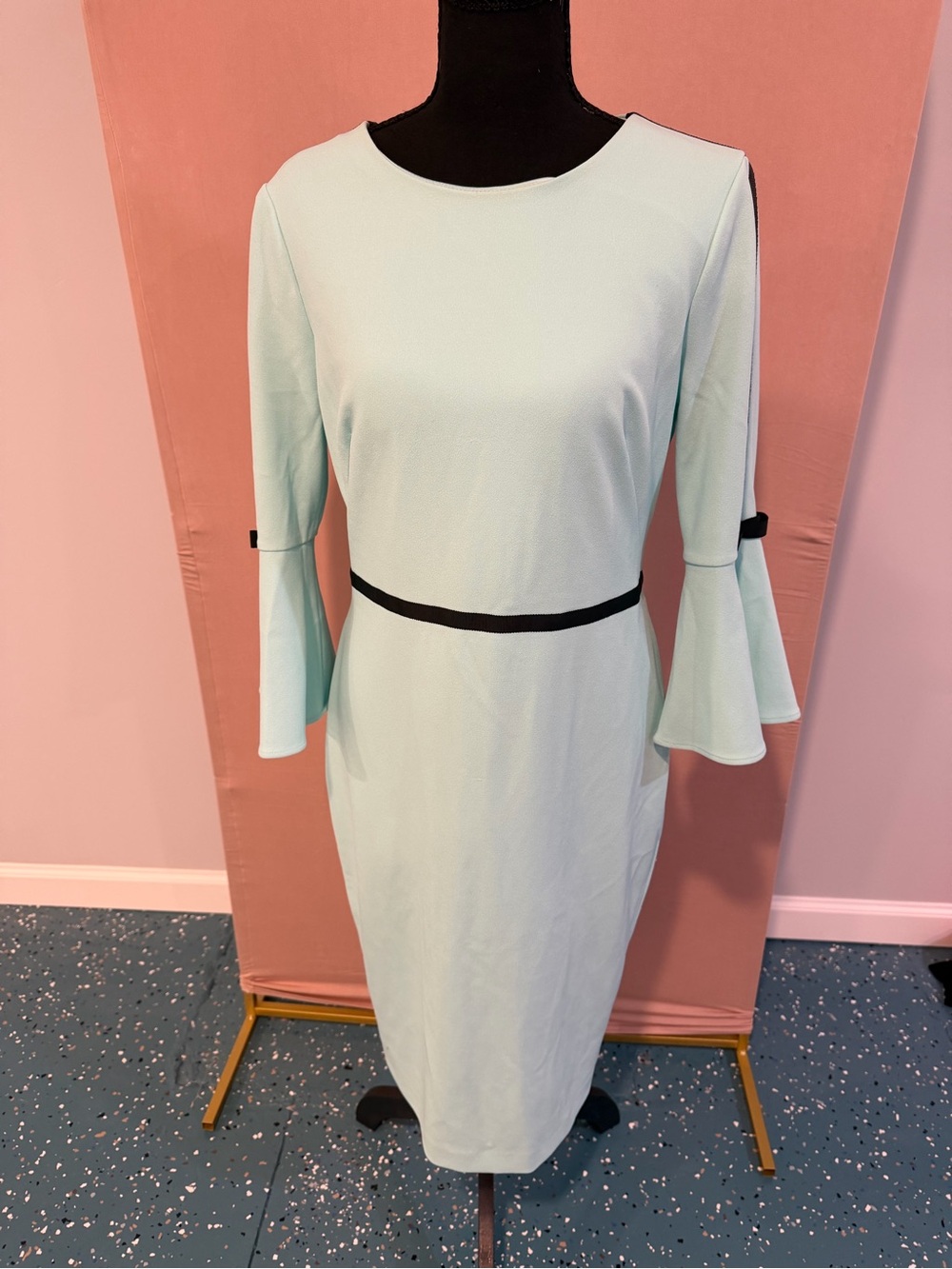Calvin Klein Light Mint Midi Dress with Black Waist Accent